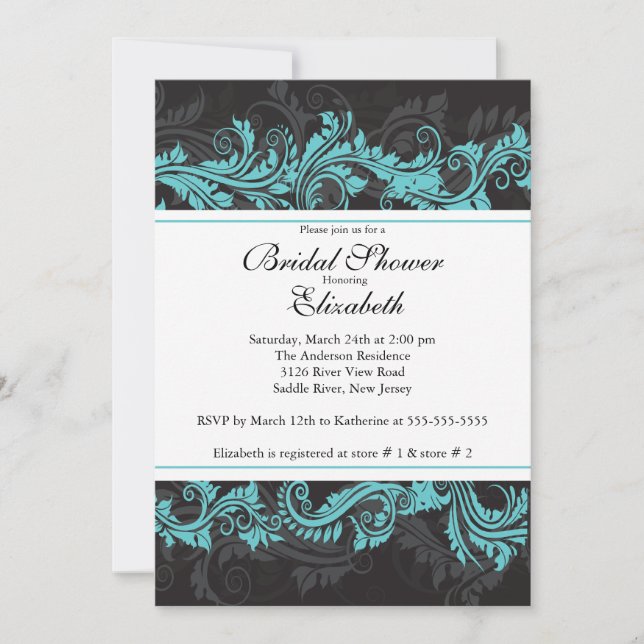 Invitación a la ducha de novia azul Damasco negro  (Anverso)