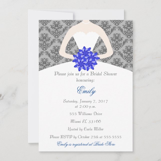 Invitación a la ducha de novia azul gris Damask Br (Anverso)