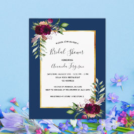 Invitación a la ducha de novia azul marino con flo