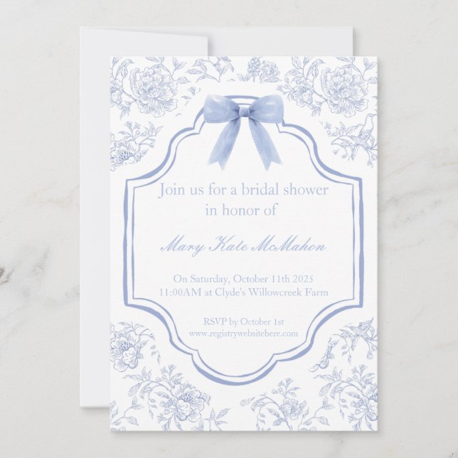 Invitación a la ducha de novia azul y blanca (Anverso)