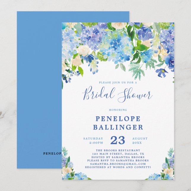 Invitación a la ducha de novia Blue Hydrangeas (Anverso / Reverso)