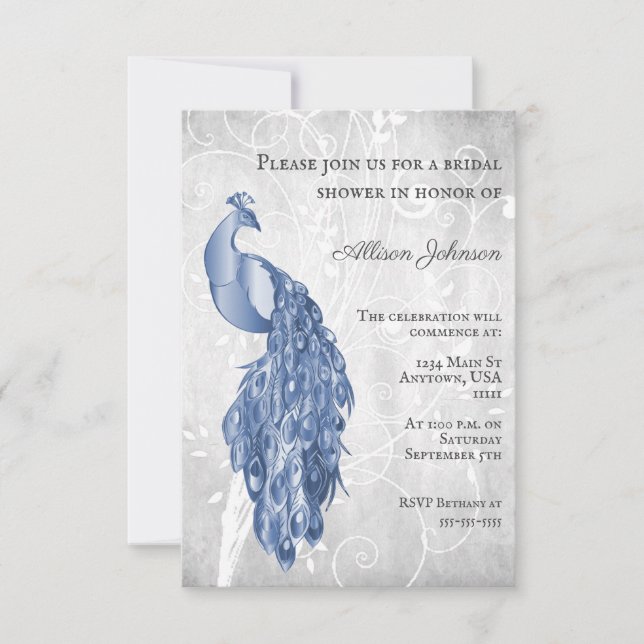 Invitación a la ducha de novia Blue Peacock (Anverso)