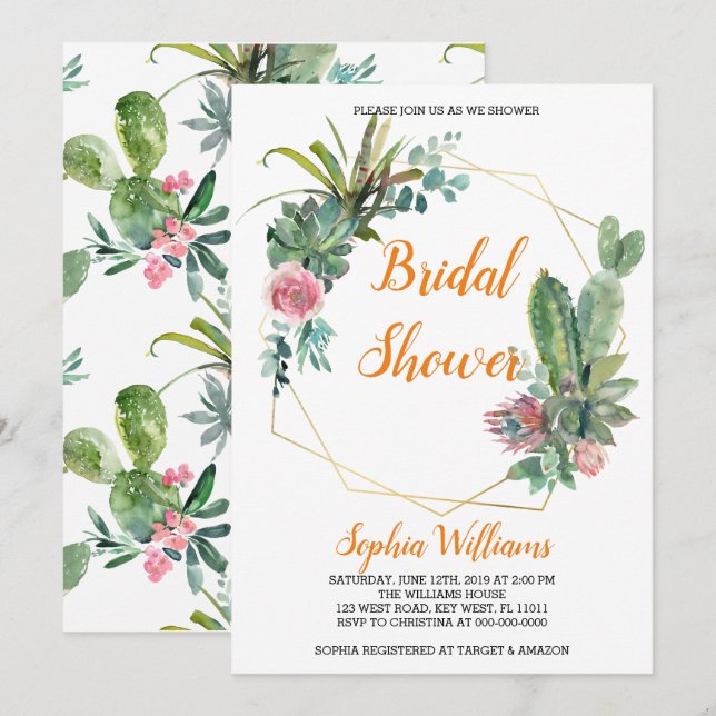 Invitación a la ducha de novia Boho Cactus (Anverso / Reverso)