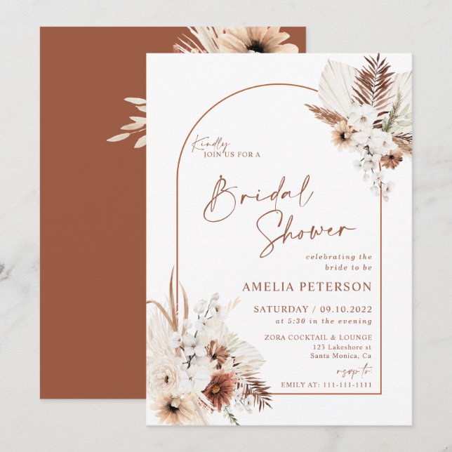 Invitación a la ducha de novia Boho Pampas Terraco (Anverso / Reverso)
