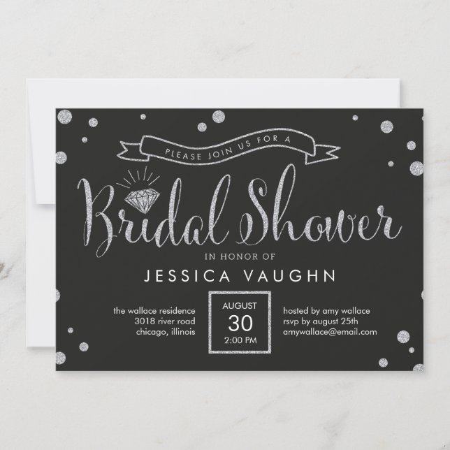 Invitación a la ducha de novia brillante - Negro (Anverso)