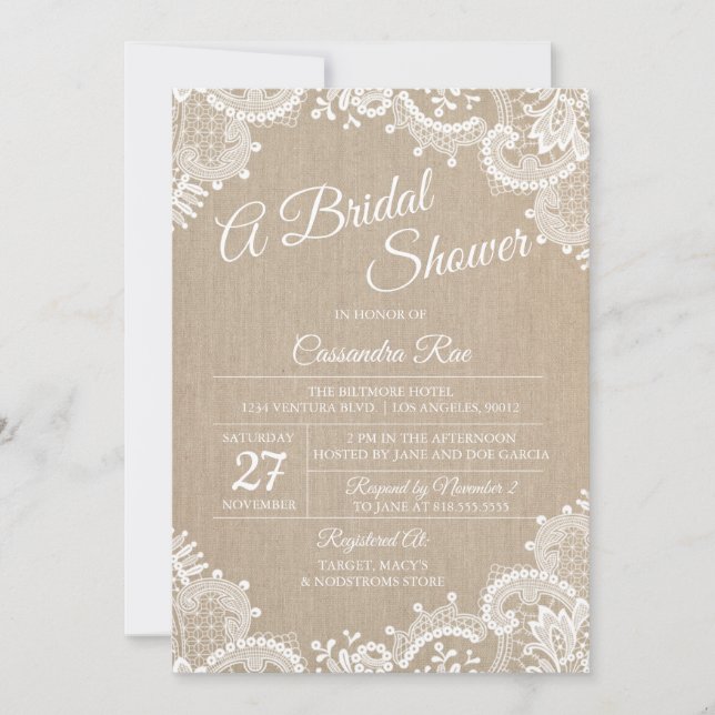 Invitación a la ducha de novia Burlap y Lace (Anverso)