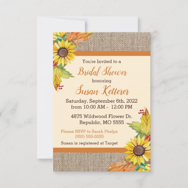 Invitación a la ducha de novia Burlap y Sunflowers (Anverso)