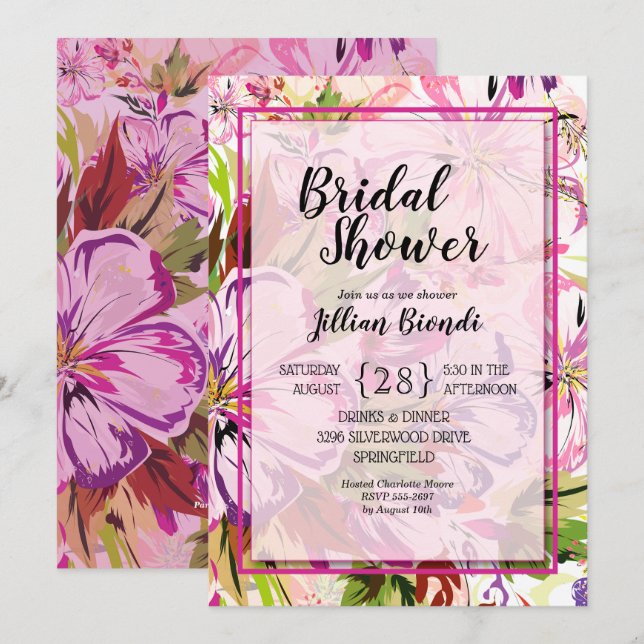 Invitación a la ducha de novia color rosa floral (Anverso / Reverso)