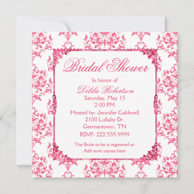 Invitación a la ducha de novia con damasco rosa Bo (Anverso)