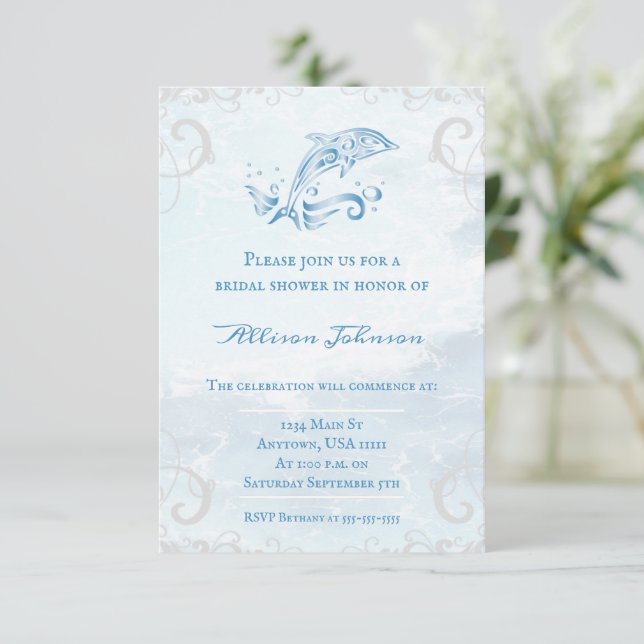 Invitación a la ducha de novia con delfín azul (Anverso de pie)