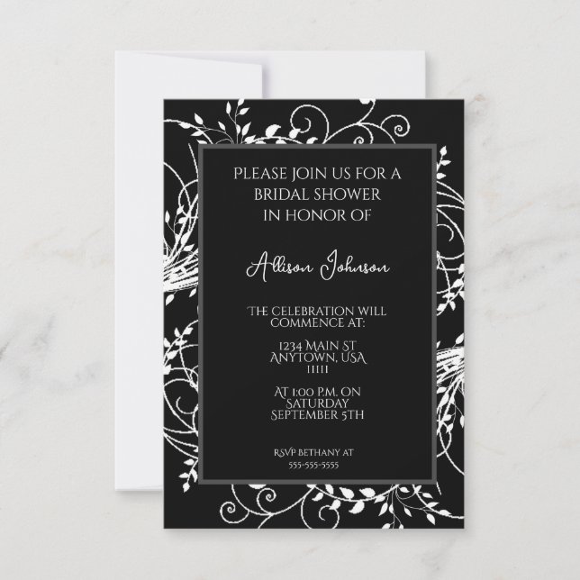 Invitación a la ducha de novia con flor negro (Anverso)