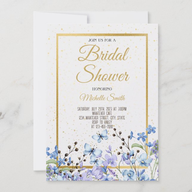 Invitación a la ducha de novia con flores azules (Anverso)