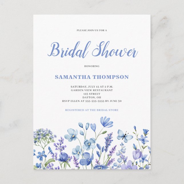 Invitación a la ducha de novia con flores azules (Anverso)