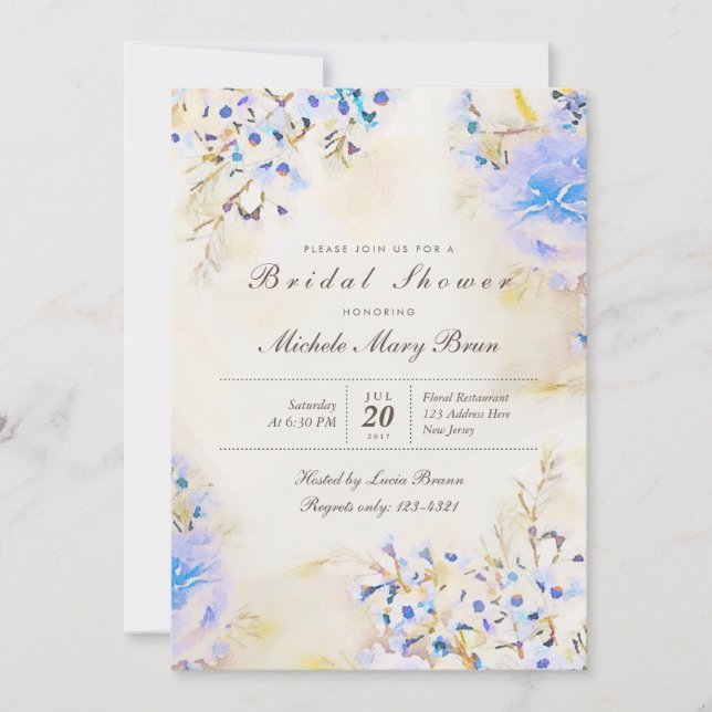 Invitación a la ducha de novia con flores azules d (Anverso)