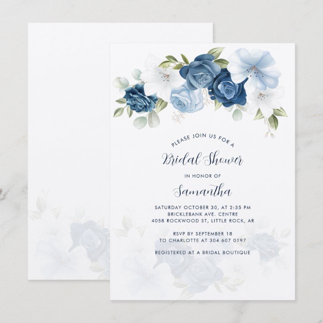 Invitación a la ducha de novia con flores azules y (Anverso / Reverso)
