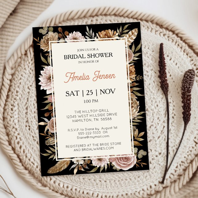 Invitación a la ducha de novia con flores de Boho (Front of Boho Floral Black Boho Bridal Shower Invitation)
