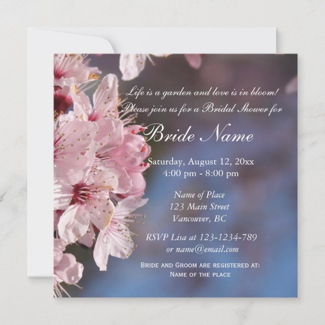 Invitación a la ducha de novia con flores de cerez (Anverso)