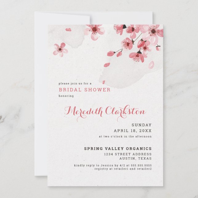 Invitación a la ducha de novia con flores de cerez (Anverso)