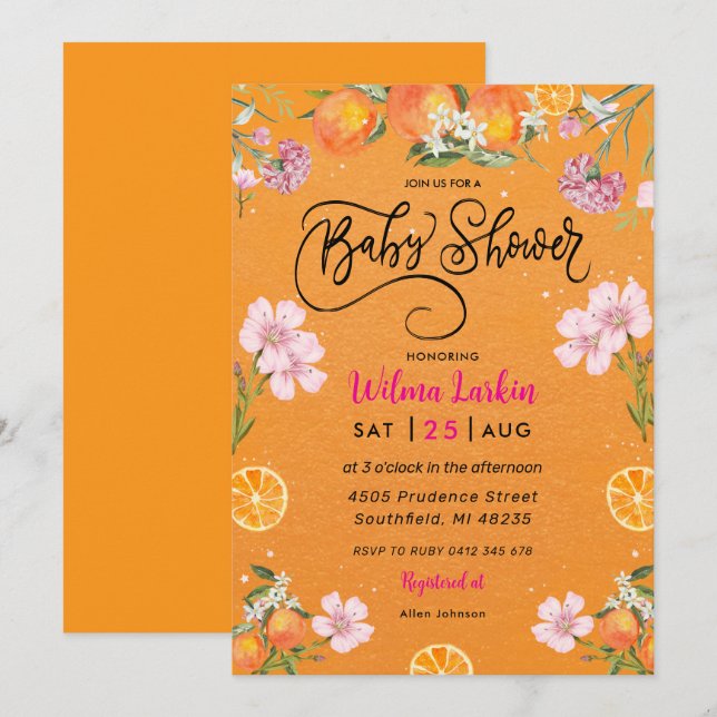 Invitación a la ducha de novia con flores de cítri (Anverso / Reverso)