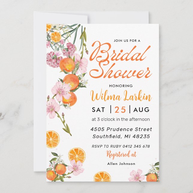 Invitación a la ducha de novia con flores de cítri (Anverso)