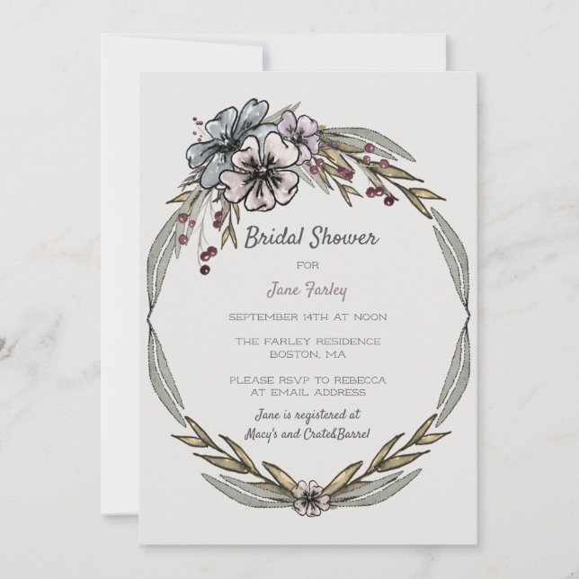 Invitación a la ducha de novia con flores de invie (Anverso)