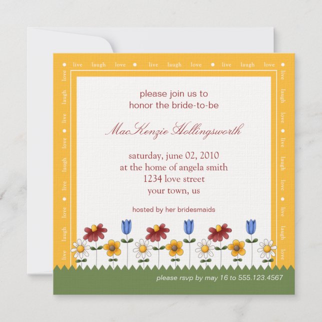 Invitación a la ducha de novia con flores de jardí (Anverso)