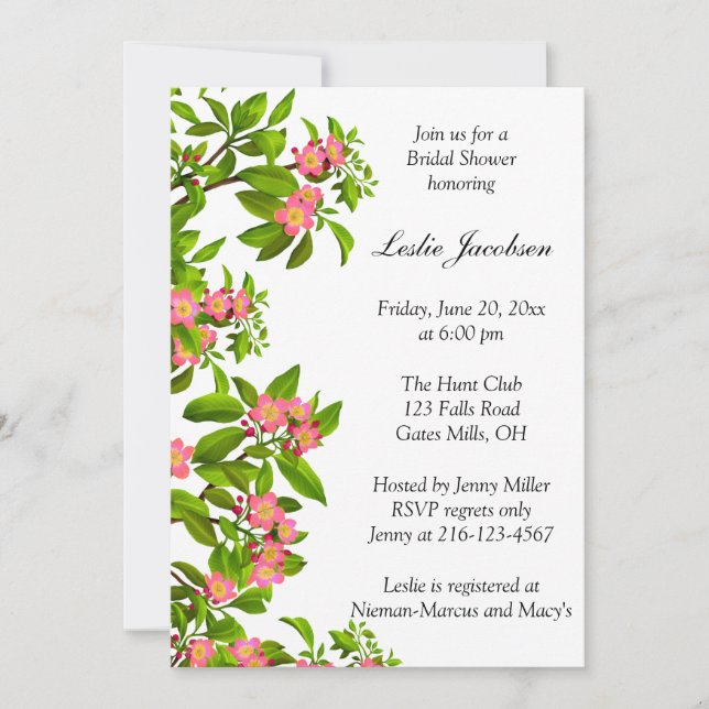 Invitación a la ducha de novia con flores de manza (Anverso)