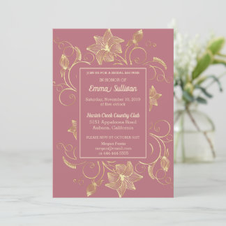 Invitación a la ducha de novia con flores de oro d