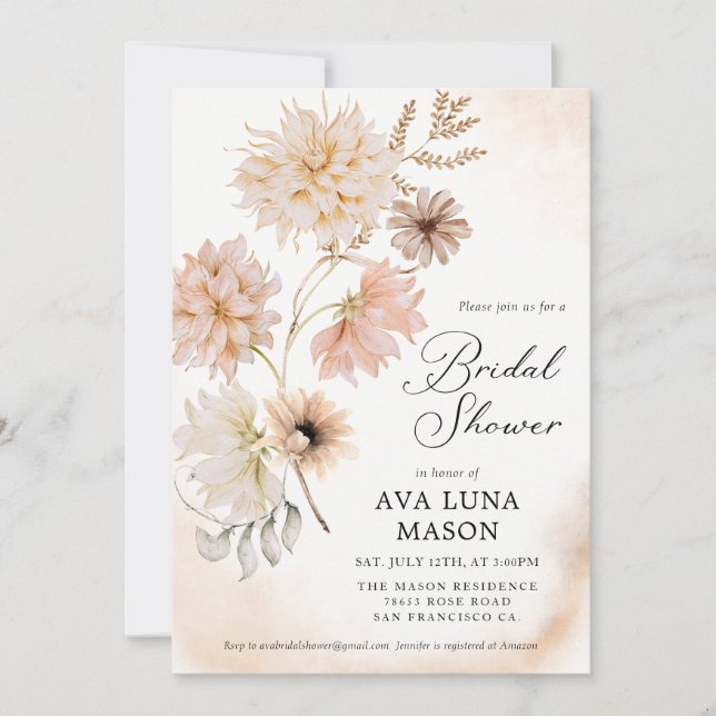 Invitación a la ducha de novia con flores de otoño (Anverso)