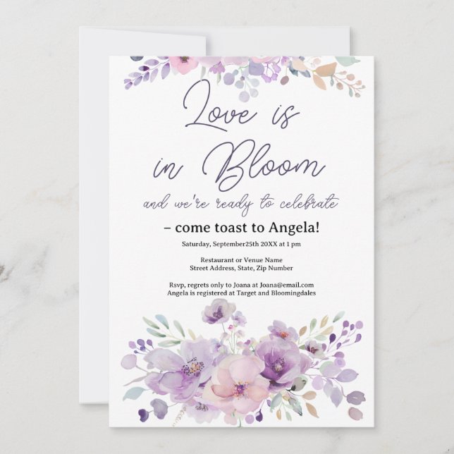 Invitación a la ducha de novia con flores moradas  (Anverso)