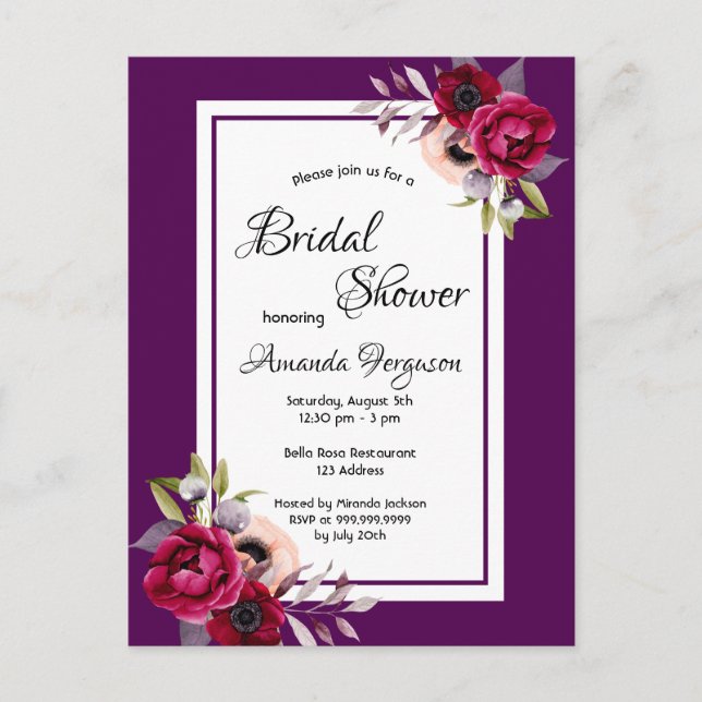Invitación a la ducha de novia con flores moradas (Anverso)