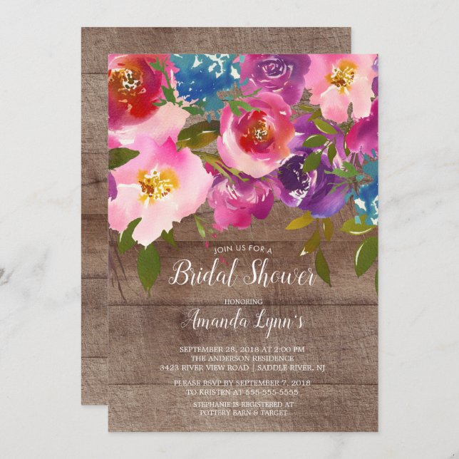 Invitación a la ducha de novia con flores rosadas  (Anverso / Reverso)