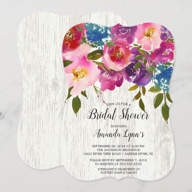 Invitación a la ducha de novia con flores rosadas  (Anverso / Reverso)