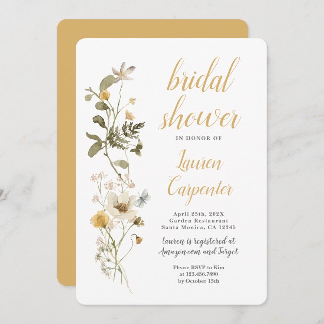 Invitación a la ducha de novia con flores silvestr (Anverso / Reverso)