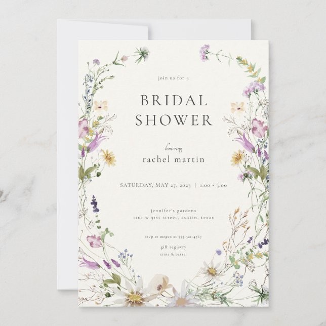 Invitación a la ducha de novia con flores silvestr (Anverso)