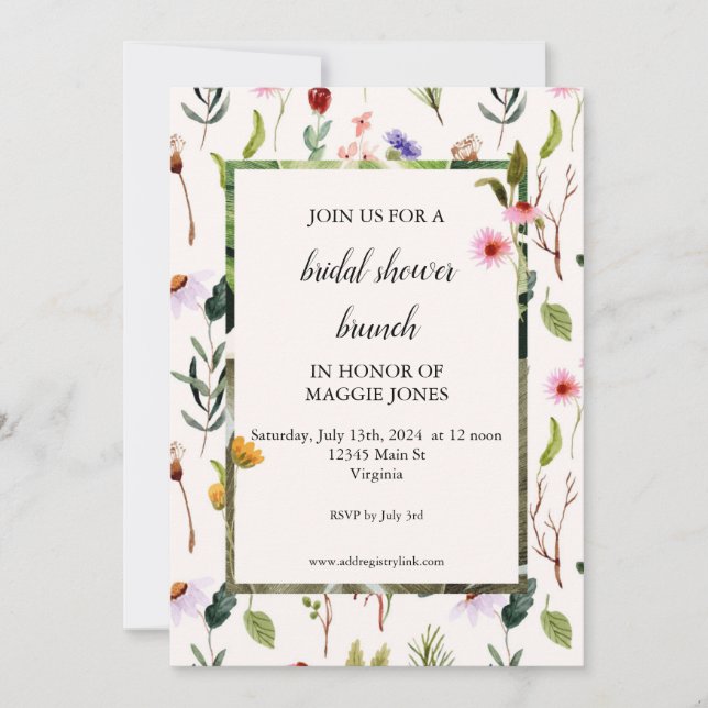 invitación a la ducha de novia con flores silvestr (Anverso)