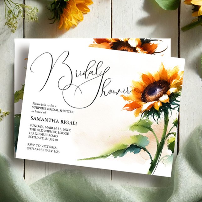 Invitación a la ducha de novia con girasol (rustic sunflower bridal shower invitations in watercolor shades of yellow and green by VG Invites)