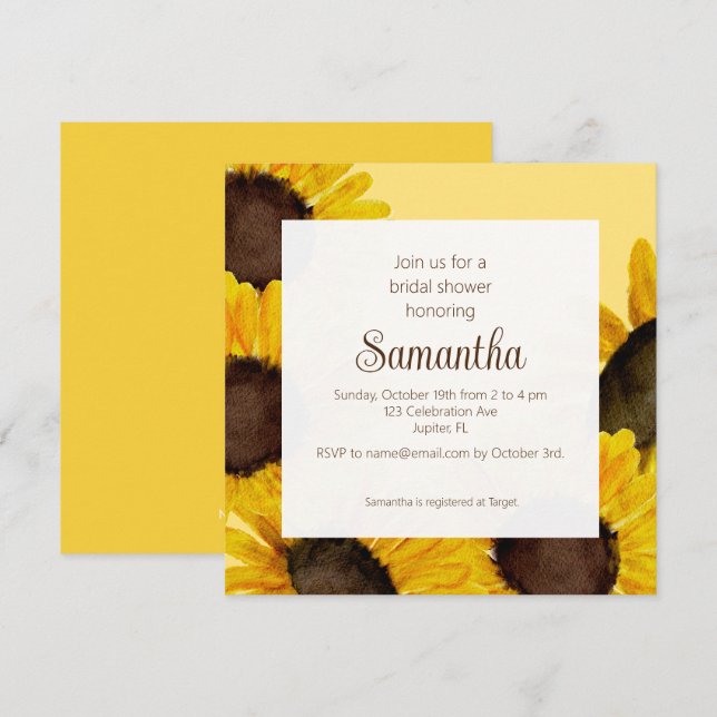 Invitación a la ducha de novia con girasol (Anverso / Reverso)