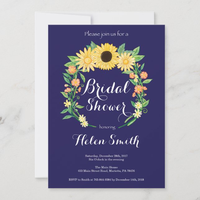 Invitación a la ducha de novia con girasoles azule (Anverso)