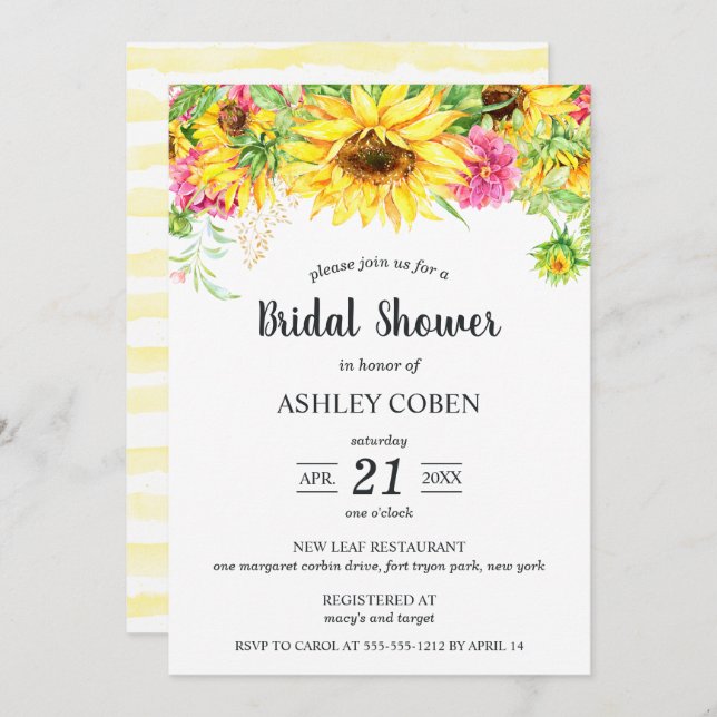 Invitación a la ducha de novia con girasoles en ca (Anverso / Reverso)