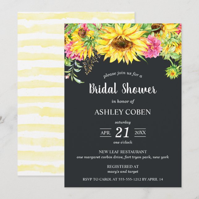 Invitación a la ducha de novia con girasoles en ca (Anverso / Reverso)