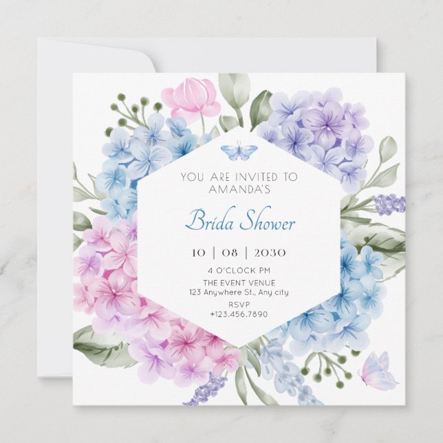 Invitación a la ducha de novia con hidrangea flora (Anverso)