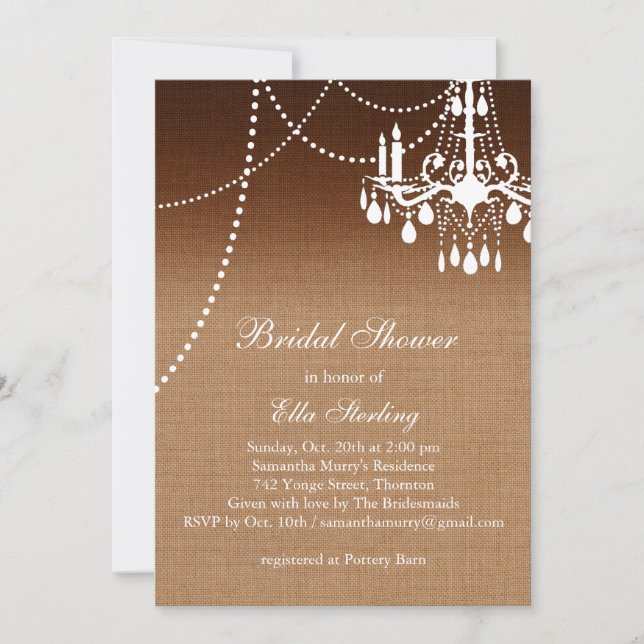 Invitación a la ducha de novia con lámpara de arañ (Anverso)