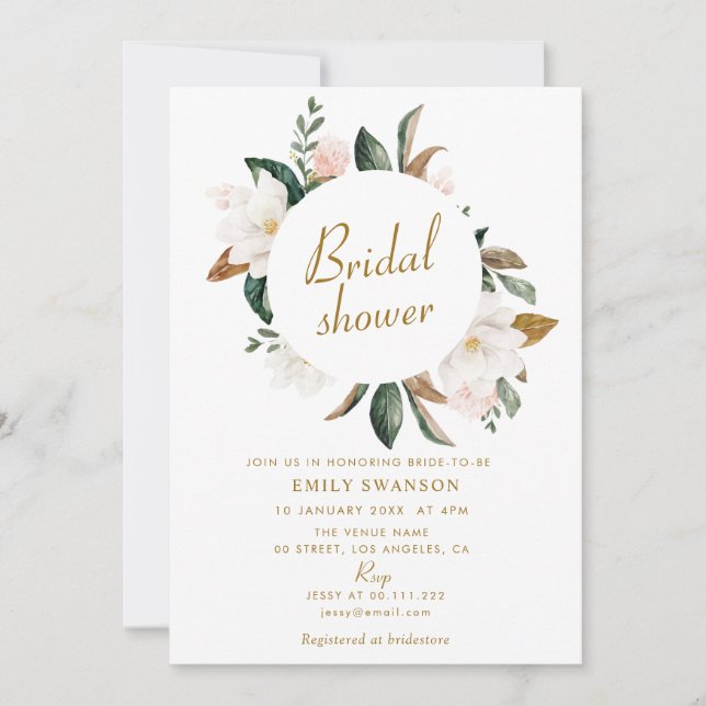 invitación a la ducha de novia con magnolias blanc (Anverso)