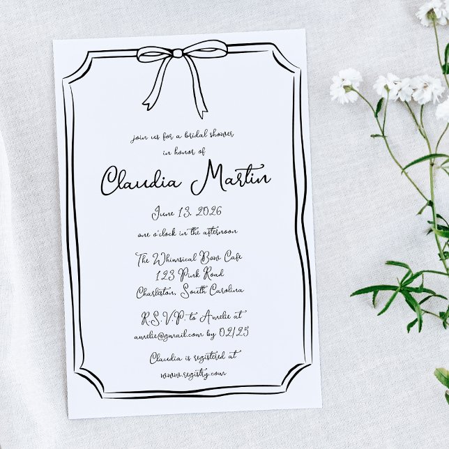 Invitación a la ducha de novia con mano blanda (Minimalist bridal shower invitation with a cute bow and modern typography—ideal for a stylish bride.)