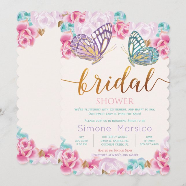 Invitación a la ducha de novia con mariposa (Anverso / Reverso)