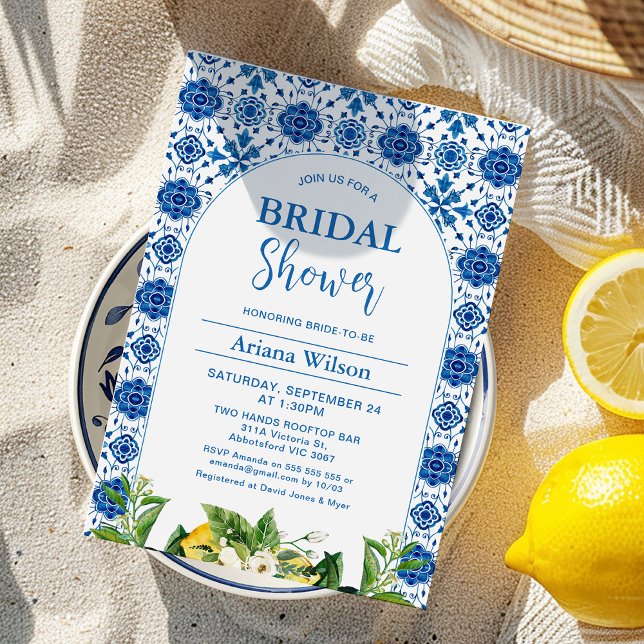 Invitación a la ducha de novia con mosaico de limó (Mediterranean Blue Tile Lemon Bridal Shower Invitation Template, Italian Positano Bridal Shower )