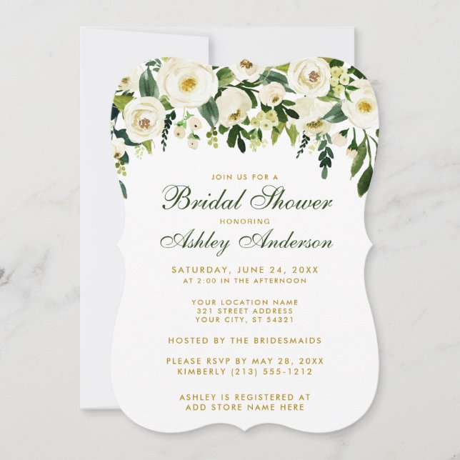 Invitación a la ducha de novia con oro verde flora (Anverso)