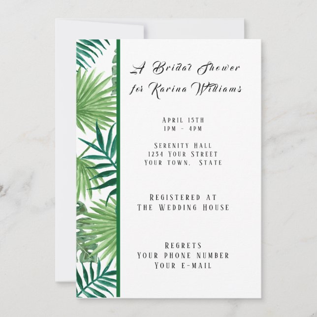 Invitación a la ducha de novia con palmas tropical (Anverso)