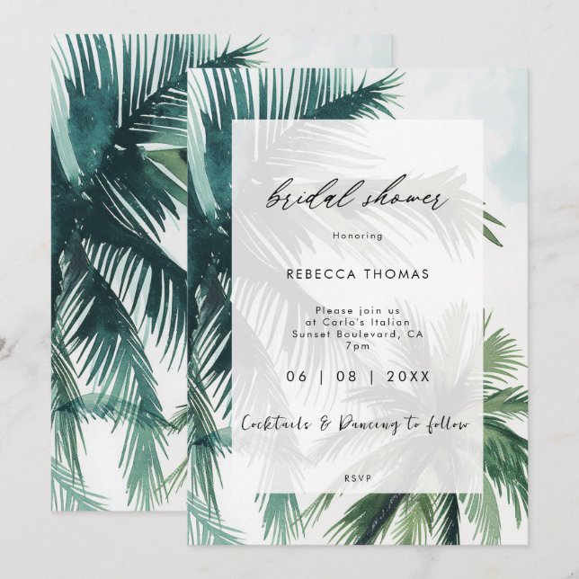 invitación a la ducha de novia con palmeras tropic (Anverso / Reverso)